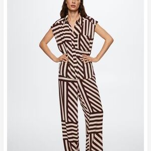 Mango brown and cream flowy pants and top size large